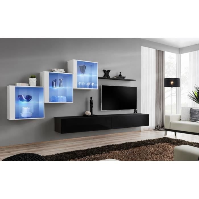 ensemble meuble tv mural - switch xx - noir - laqué - 2 porte(s) - bois - panneaux de particules - blanc et noir