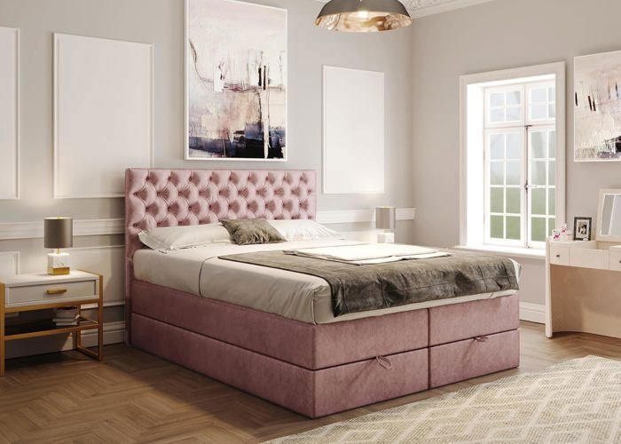 Lit adulte 140x200 cm LOUVRE avec matelas ressorts ensachés et rangement - tissu glamour rose