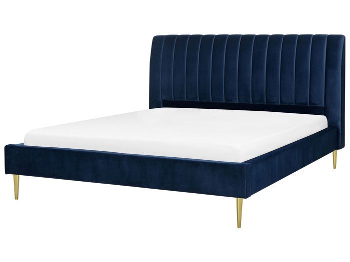 Lit double en velours bleu marine 180 x 200 cm MARVILLE Lit double en velours bleu marine 180 x 200 cm MARVILLE