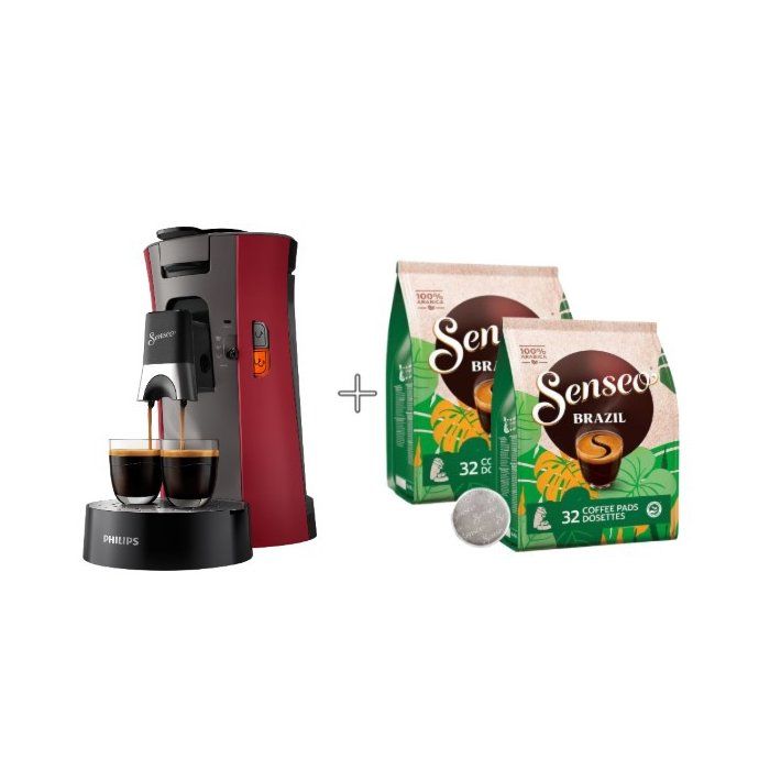 Cafetière à dosette - PHILIPS - SENSEO - CSA240/91 - Select - Rouge + 2 Paquets de 32 dosettes - Espresso Brazil