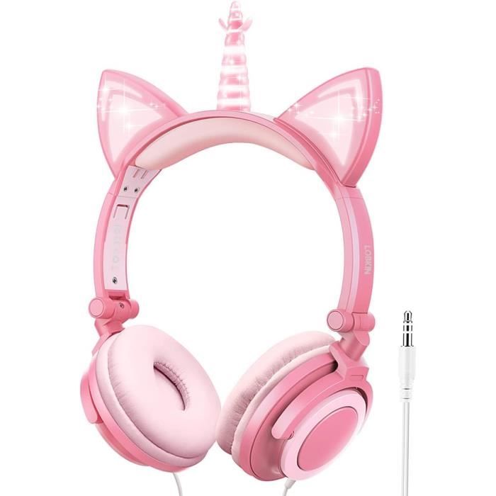 Casque Bluetooth Oreilles De Chat LED Rose - Sans Fil, Micro Intégré, Rechargeable