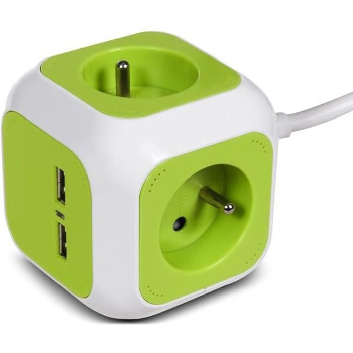 Bloc multiprise - Magic Cube - GB118 - 4 prises - 2 USB - 1.4m Vert