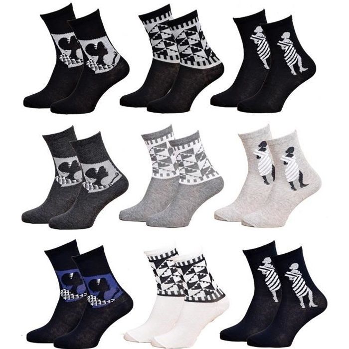 Chaussettes Femme Fantaisie Confort Coton Majoritaire Pack de 9 Paires Geometric