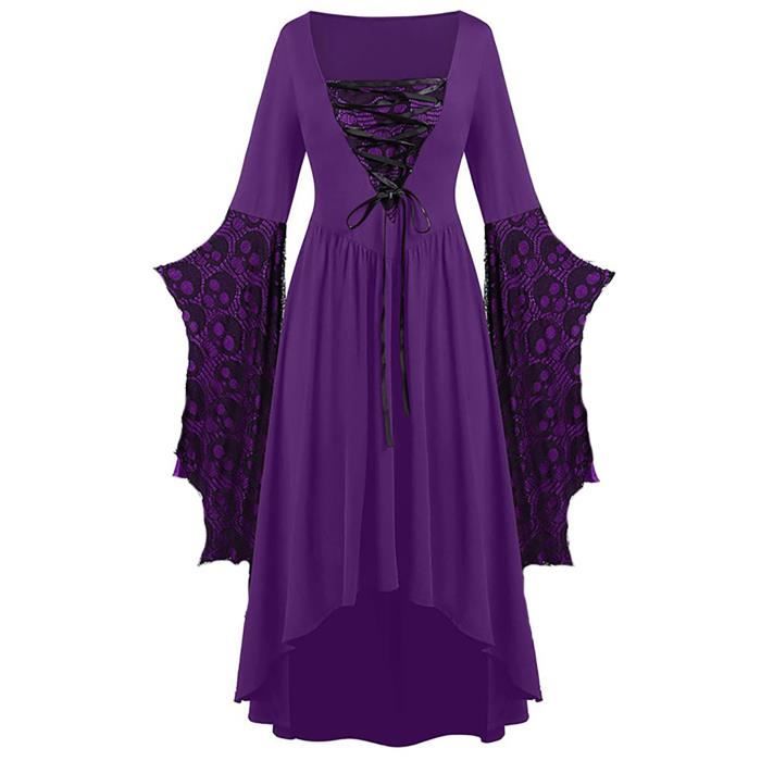 Robe Médiévale Femme - Déguisement Halloween Gothique Manches Longues, Style Satin Et Dentelle, Pour Soirée à Thème