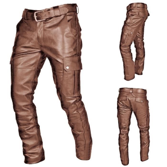 Pantalon de ville moto en cuir vintage punk gothique KJEHOME Slim Marron Marron Cdiscount Pret a Porter