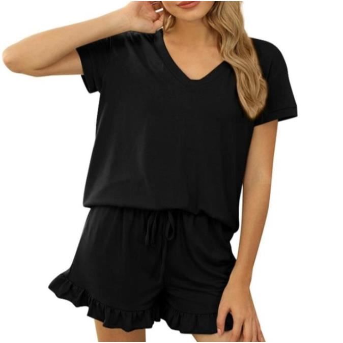 Pyjama ete Femme Short Pyjamas Femme Coton Pyjama Court Femmes ete Ensembles de Pyjama T Shirt de Nuit Femme Manche Courte Pyjama le noir Cdiscount Pret a Porter