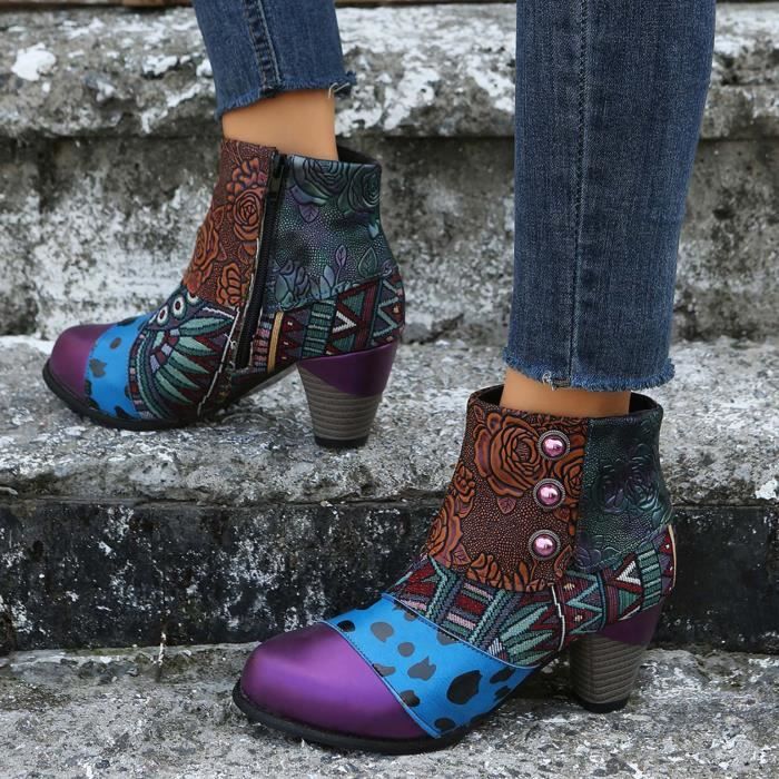 Style Ethnique Talon Conique Bout Rond Bottes Boutonn es Fermeture