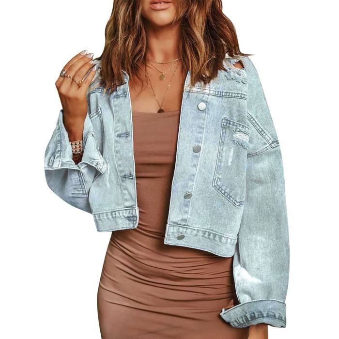 Akozon Veste en jean femme Veste en Jean pour Femme avec Trou Design Veste en Jean a Manches Longues Tops Manteaux lingerie caban Light blue Cdiscount Pret a Porter