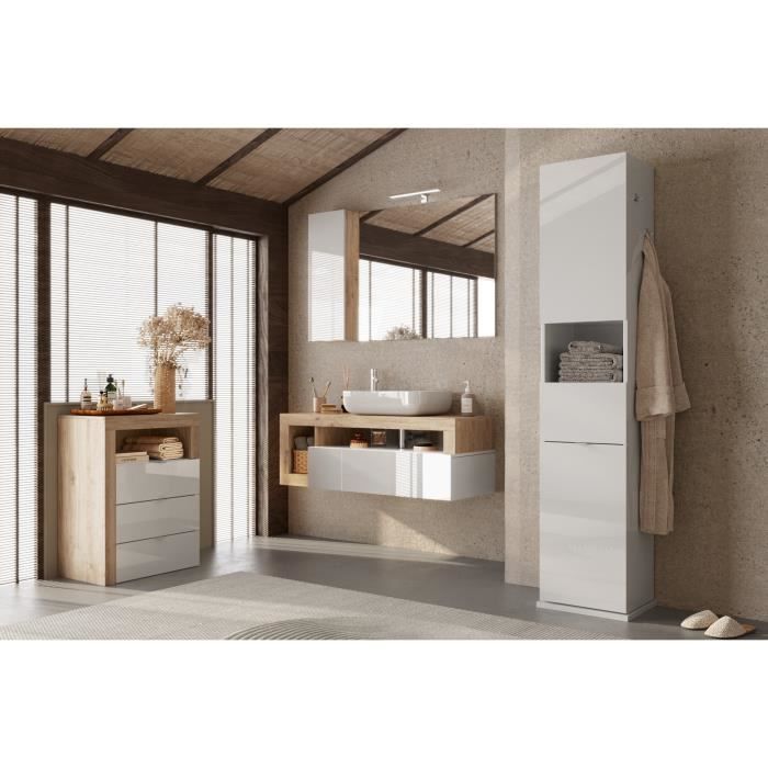 commode de salle de bains large 64cm - price factory - bura - blanc brillant laqué et chêne clair - 3 tiroirs