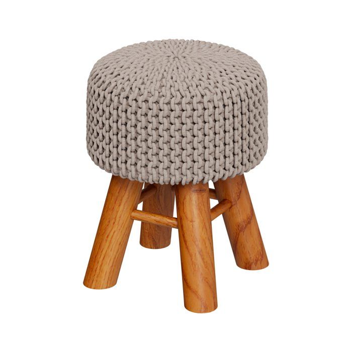 Petit tabouret rond en tricot coton gris clair et pieds en bois - Lisa - Maison Pavane Petit tabouret rond en tricot coton gris clair et pieds en bois - Lisa - Maison Pavane
