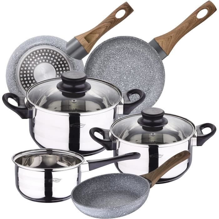 Batterie De Cuisine 5 Pièces Inox + Set De 3 Poêles Aluminium Antiadhésives - Tailles 16, 20, 24 Cm - Poignées Froides, Couvercles Verre