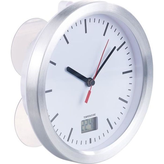Horloge Salle De Bain Étanche St. Leonhard - Thermomètre LCD - IPX4 - Aluminium Brossé