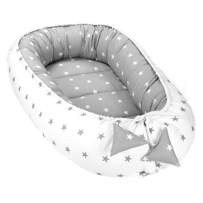 Reducteur de lit bebe 90x50 cm - cale bebe pour lit bebe cocoon gris et blanc avec des étoiles