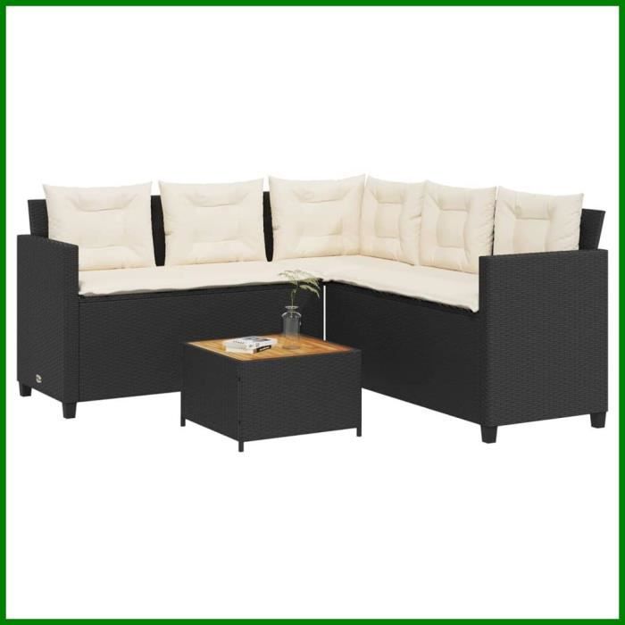DXBK Canapé de jardin avec table et coussins en forme de L noir 369048