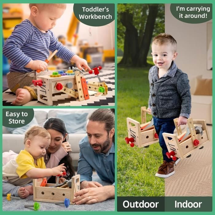 Boîte à Outils En Bois Montessori – Set De Marteau, Vis, Engrenages – Jouet éducatif Dès 2 Ans – Cadeau Garçon Fille 3-5 Ans