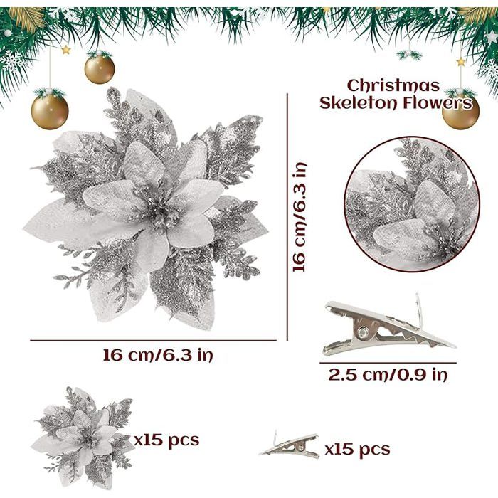 15 Fleurs De Poinsettia Pailletées Noël – 14x14 Cm – Rouge, Or, Argent – Décoration Sapin, Guirlande, Mariage, Fête