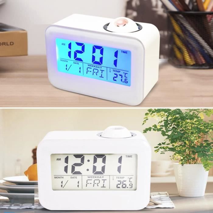 Réveil Numérique LED Avec Projection Heure & Température - Snooze Rouge Argenté