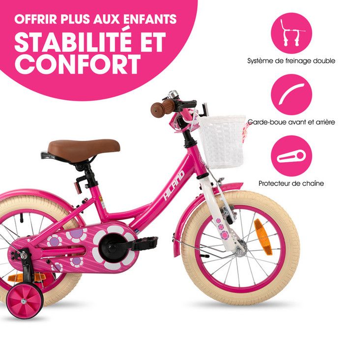 Vélo Enfant 14 Pouces – 3-7 Ans, Roues Stabilisatrices, Panier, Freins, Cadre Acier – Beige