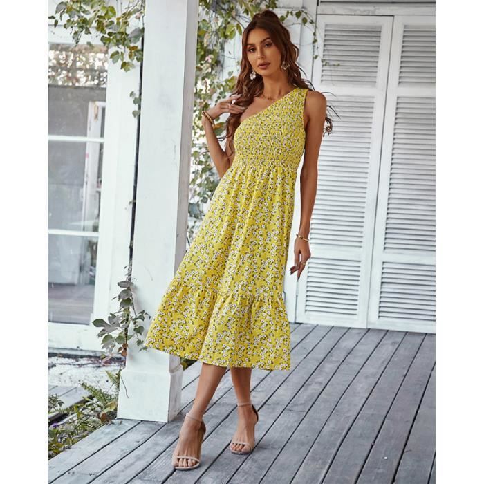 Femme Ete Fleurie Mi Longue ROBE DE CHAMBRE Boheme ROBE DE CHAMBRE de Plage One Shoulder sans Manche Plissee Soiree ROBE DE CHAMBRE Jaune Cdiscount Pret a Porter