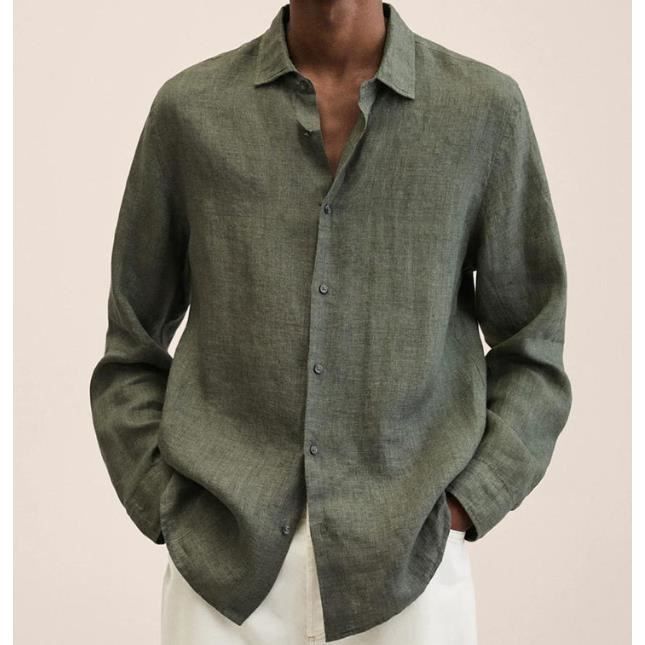 2022 NEW Chemise d ete en coton et lin pour homme Grande taille Col rabattu Manches longues Vert Cdiscount Pret a Porter