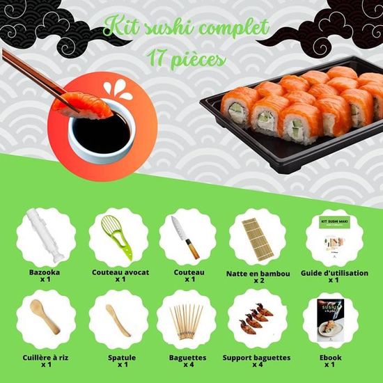 Kit sushi complet. Sushi maker kit complet professionnel (15 pièces)  Appareil à sushi composé de natte professionnelle en bambou, couteau,  moules à nigiri et onigiri, baguettes, cuillère et mélangeur : :  Cuisine