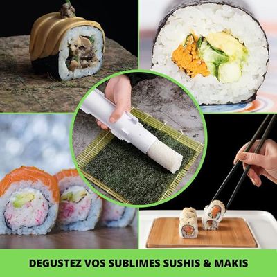 Kit sushi complet. Sushi maker kit complet professionnel (15 pièces)  Appareil à sushi composé de natte professionnelle en bambou, couteau,  moules à nigiri et onigiri, baguettes, cuillère et mélangeur : :  Cuisine