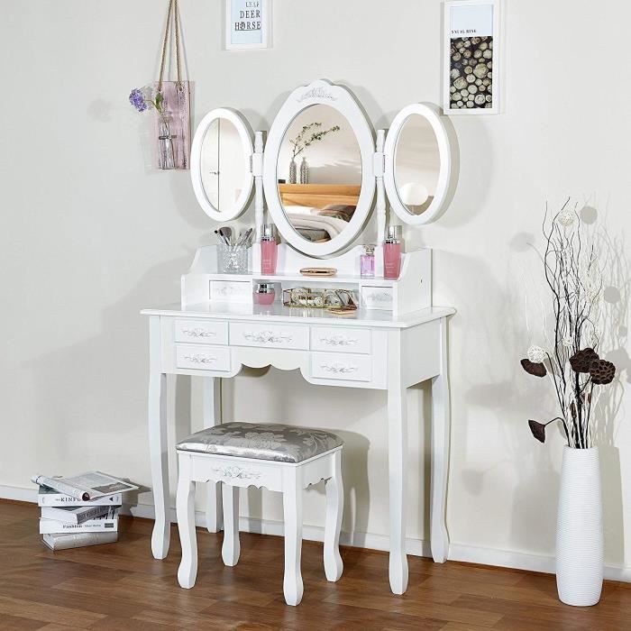 Coiffeuse MDF Blanche Avec Miroir Ovale Pivotant – Meuble Salle De Bain