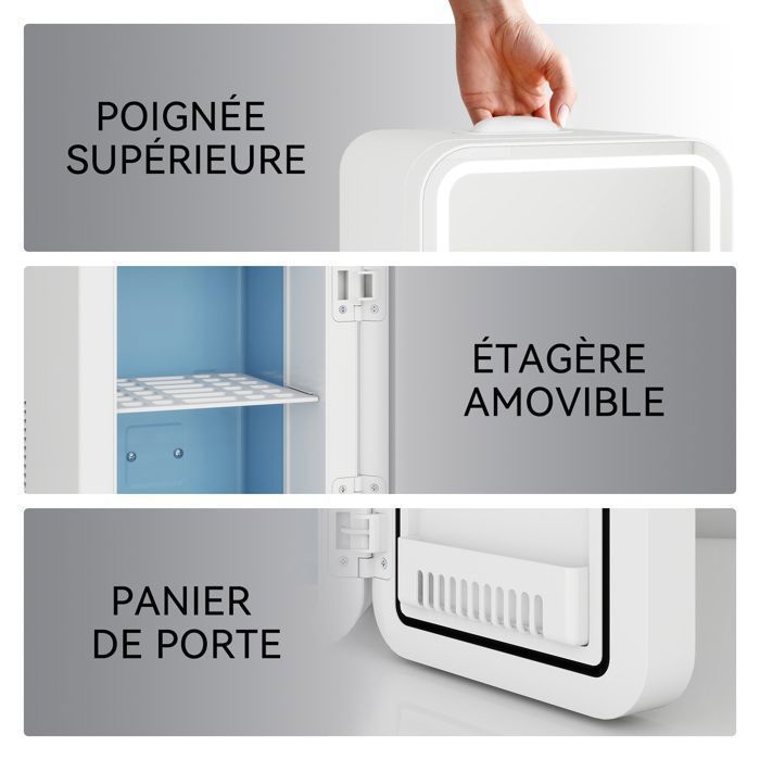 Mini Frigo 10 L GOPLUS Avec Miroir LED - Mode Froid/chaud (-5°C à 50°C) - Silencieux, étagères Amovibles - Pour Chambre Et Voiture