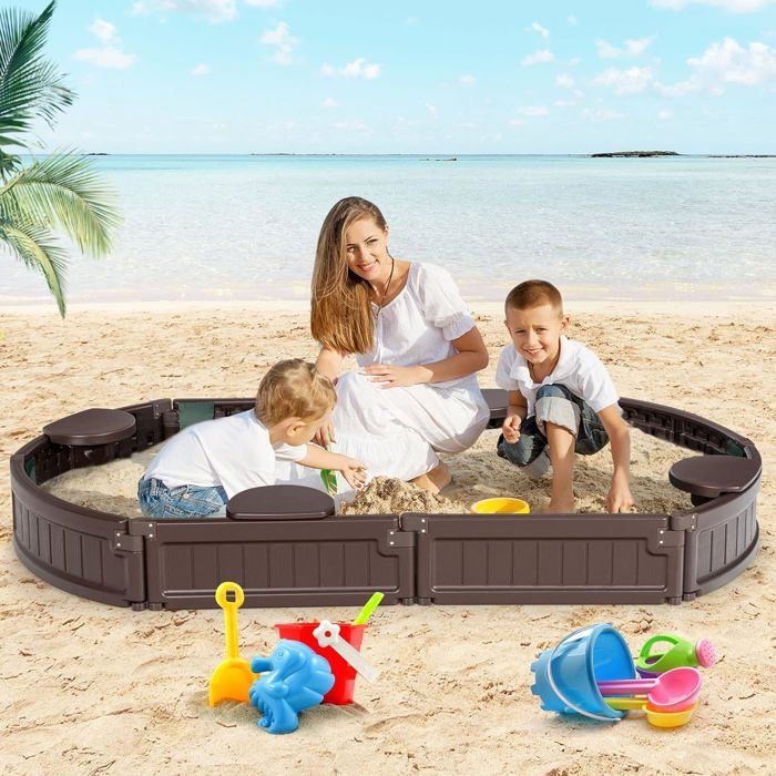 GOPLUS Bac à Sable en Bois avec Banc & Couvercles, 135x125CM, avec Ustensiles de Cuisine, pour Enfant 3 à 8 Ans - Jeux - Jouets