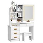 FIANAO Coiffeuse avec coulissant miroir éclairé à LED, 4 tiroirs et étagères ouvrantes, avec tabouret,blanc,90x37x130CM