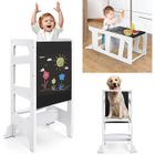 YOLEO Tour d'apprentissage en Bois, Tour d'observation Marchepied pour bébé, Table et Chaise avec Tableau Noir - Blanc Géométrie