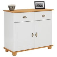 Buffet COLMAR commode bahut vaisselier meuble bas rangement avec 2 tiroirs et 2 portes, en pin massif lasuré blanc et brun