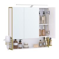 Meuble de salle de bain avec miroir LED et placard 3 portes - VASAGLE - Blanc et Doré Verdâtre