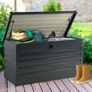 COFFRE DE JARDIN Coffre de rangement métal verrouillable gris anthracite pour jardin 350L 120x61x63 CM - IDMARKET