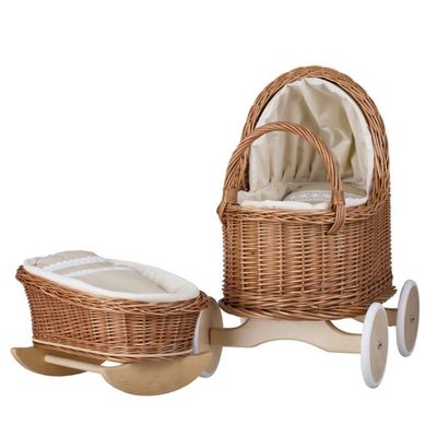 Osier Poussette Jouet En Bois Landau Poupée Roues Caoutchouc Poignée Bois Landau-poussette En