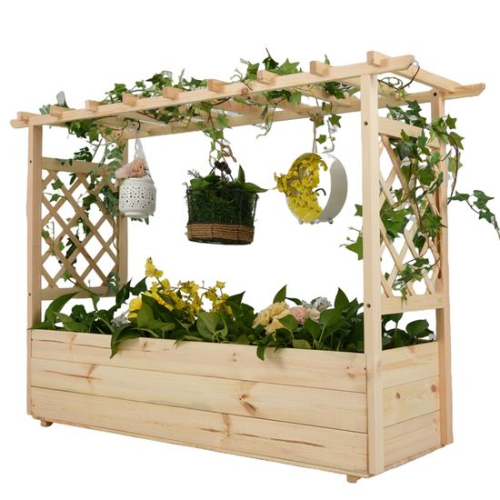 COSTWAY Jardinière Surélevée en Pin avec Treillis pour Plantes Grimpantes, Fleurs, Herbes, Légumes, Fruits, Toit Suspendu, Drainage