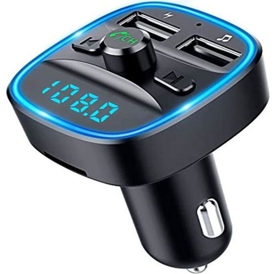 Bovon Transmetteur FM Bluetooth Voiture, Kit Voiture Mains Libres sans Fil avec 2 Ports USB Charge de Type C Support Carte TF/Clé USB V5.0 Adaptateur Bluetooth Voiture 8 LED Rétro-Éclairé 