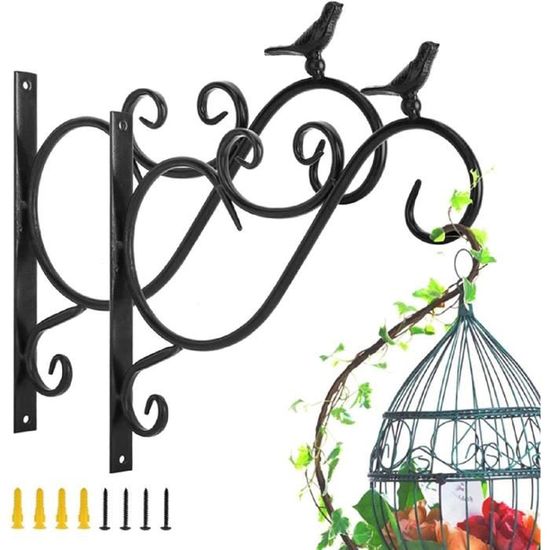 Paquet de 2 crochets de suspension muraux noirs, supports de panier  suspendu en fer forgé en métal, support de panier suspendu pour mangeoires  à oiseaux/plantes/lanternes/carillons éoliens (avec vis) : : Jardin
