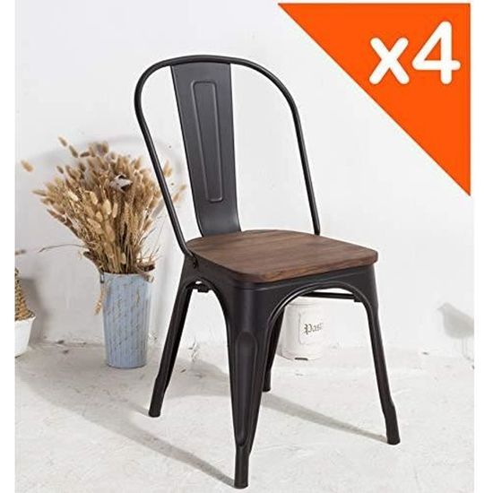 KOSMI Industriestühle Set – 4 Stück, Schwarz Matt, Mit Hellem Holzsitz & Armlehnen, Stapelbar, Für Küche & Esszimmer