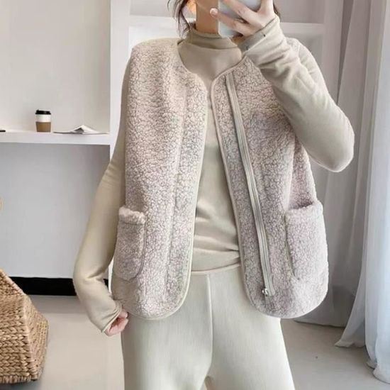 Gilet Polaire Sans Manches Pour Femme - Couleur Unie, Col En V, Avec Fermeture éclair Et Poches - 4