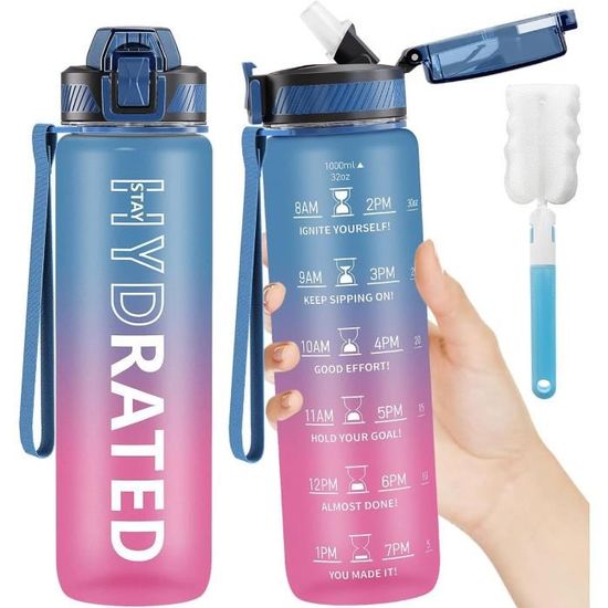 Gourde 1L Sport Avec Marqueur De Temps Et Slogan Motivation - Bouteille Plastique Graduée Anti-Fuite Facile à Nettoyer