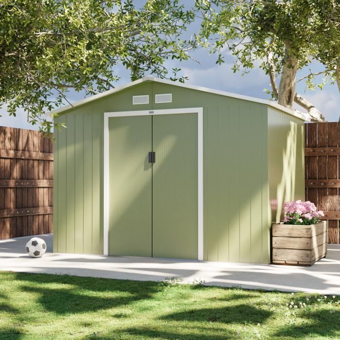 Abri de jardin en métal - FERRAIN 5.29m² vert et blanc - Cabane à outils avec deux grandes portes coulissantes. kit de fixation sol