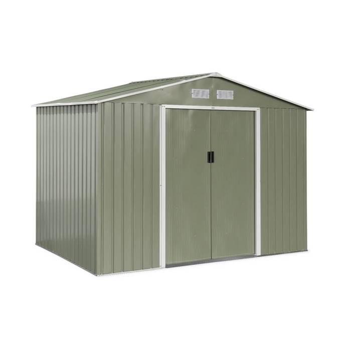 Abri de jardin en métal - FERRAIN 5.29m² vert et blanc - Cabane à outils avec deux grandes portes coulissantes. kit de fixation sol