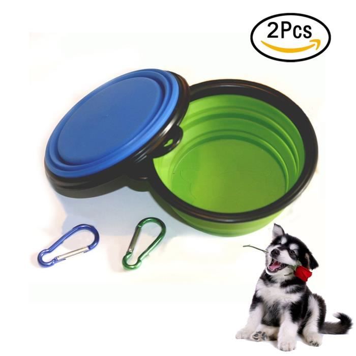 Gamelle pour Chien Pliable Extensible Bol Eau Nourriture pour Animaux Domestique Gamelle de Voyage Gratuit Crochet - Bleu & Vert