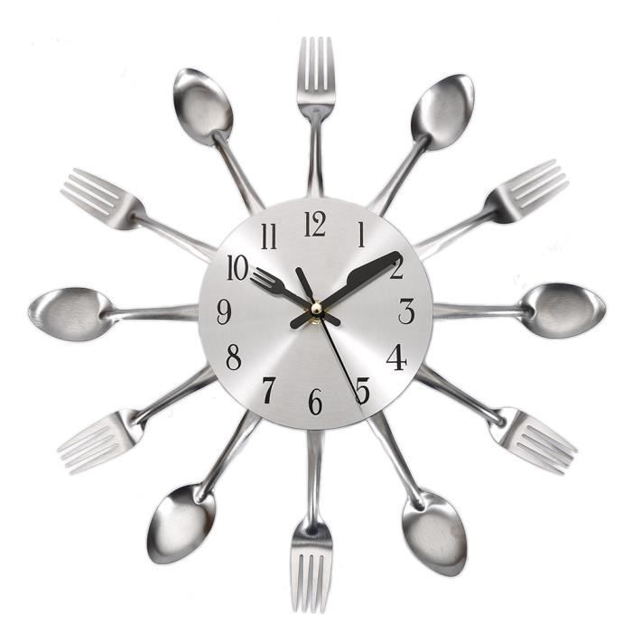 Élégant Cool Design Moderne Horloge Murale Argent Coutellerie de Cuisine Ustensile Vintage Design Horloge Murale Fourchette Cuillère