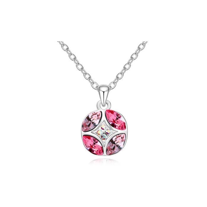 Pendentif Cercle Cristal de Swarovski Elements Rose et Plaqué Or Blanc