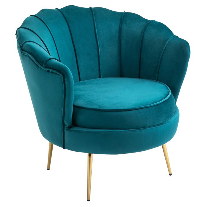 Fauteuil coquillage fauteuil design dim. 79L x 77l x 77H cm pieds dorés effilés velours bleu canard 79x77x77cm Bleu