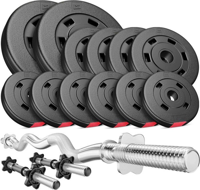 HS Hop-Sport 36 kg, 1x Barre Curl SZ, 2X Barres Courtes, Plaques de Poids 2x5 kg, 4x2,5 kg, 6x1,25 kg