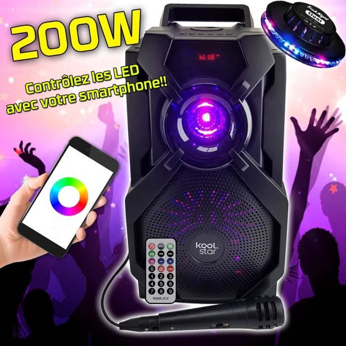 Enceinte Appplication smartphone Karaoké Autonome SUBLIM08 200W DJ SONO Koolstar LED micro/Fonction BT/USB/AUX/ + OVNI