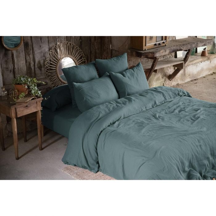 CDaffaires Pack double gaze de coton housse de couette 260 x 240 cm + 2 taies d'oreiller 50 x 70 bleu Bleu